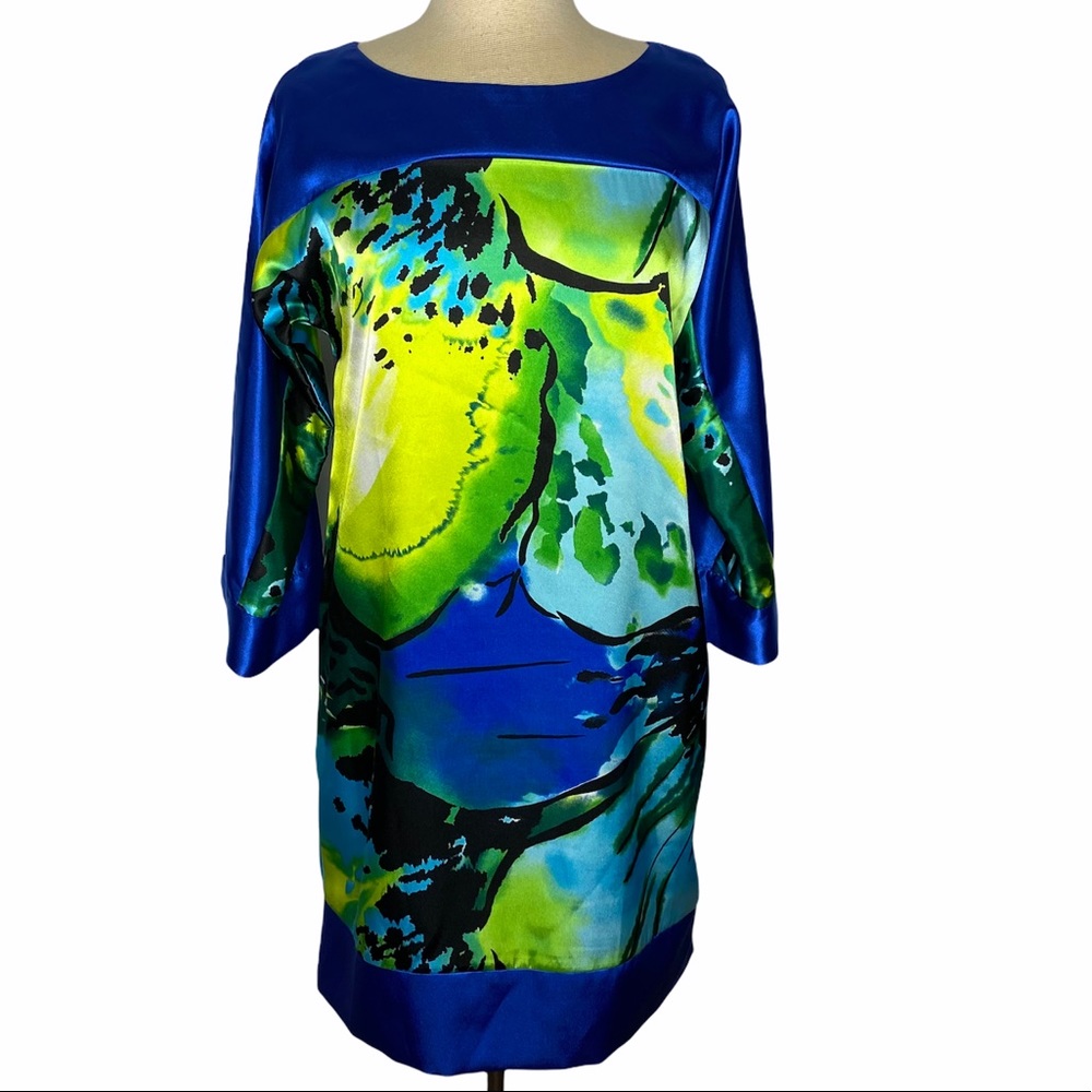 Joseph Ribkoff Blue Satin Watercolor Print Split Sleeve Dress 80s style